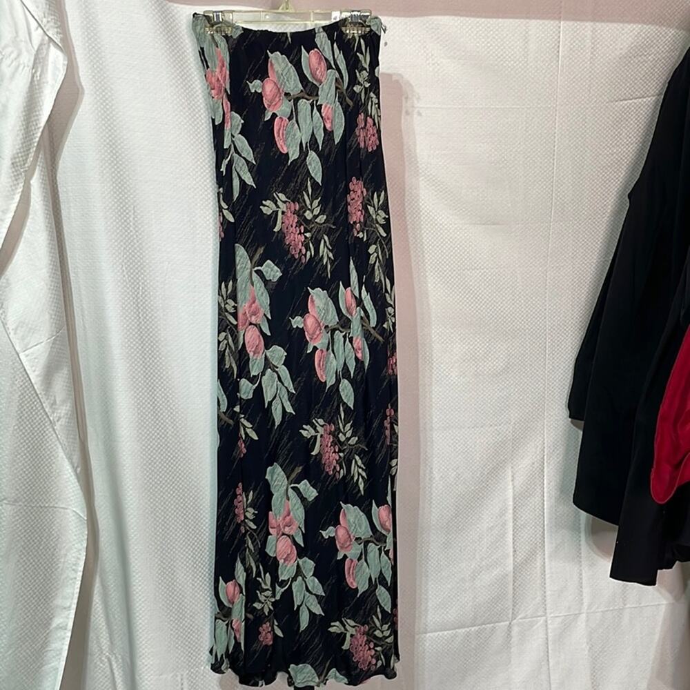 NC Love black pink green maxi floral skirt rayon bias cut nwot side zip